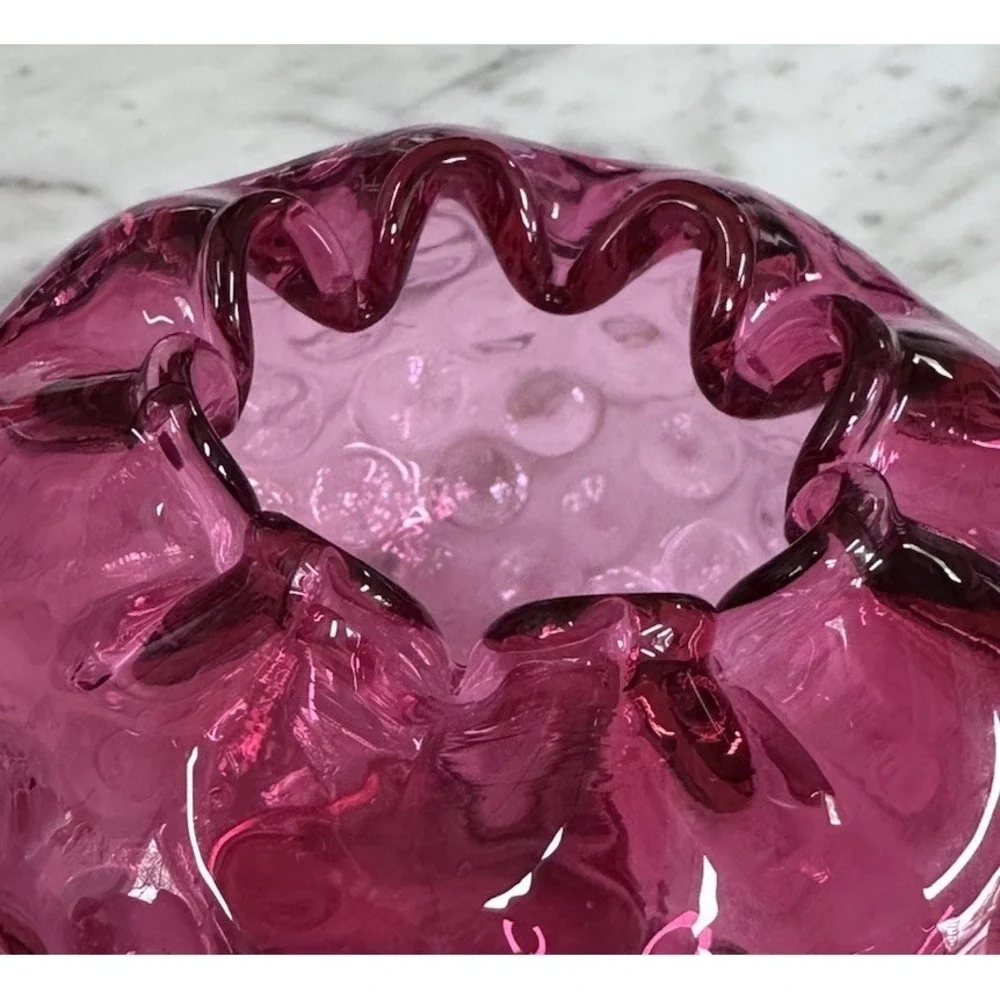 Vintage Fenton Cranberry Rose Bowl‎ Vase Inverted Reverse Coin Dot Art Glass